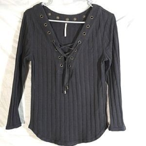 Free People Charcoal Grey Long Sleeve Ribbed Tie Sweater